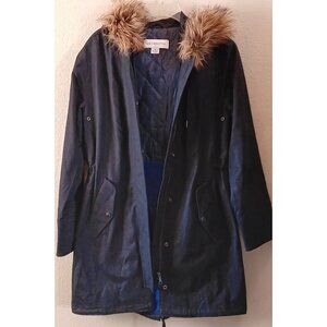 LIZ CLAIBORNE Black Hooded Coat Jacket  Faux Fur Trim Snap Pockets Anorak S